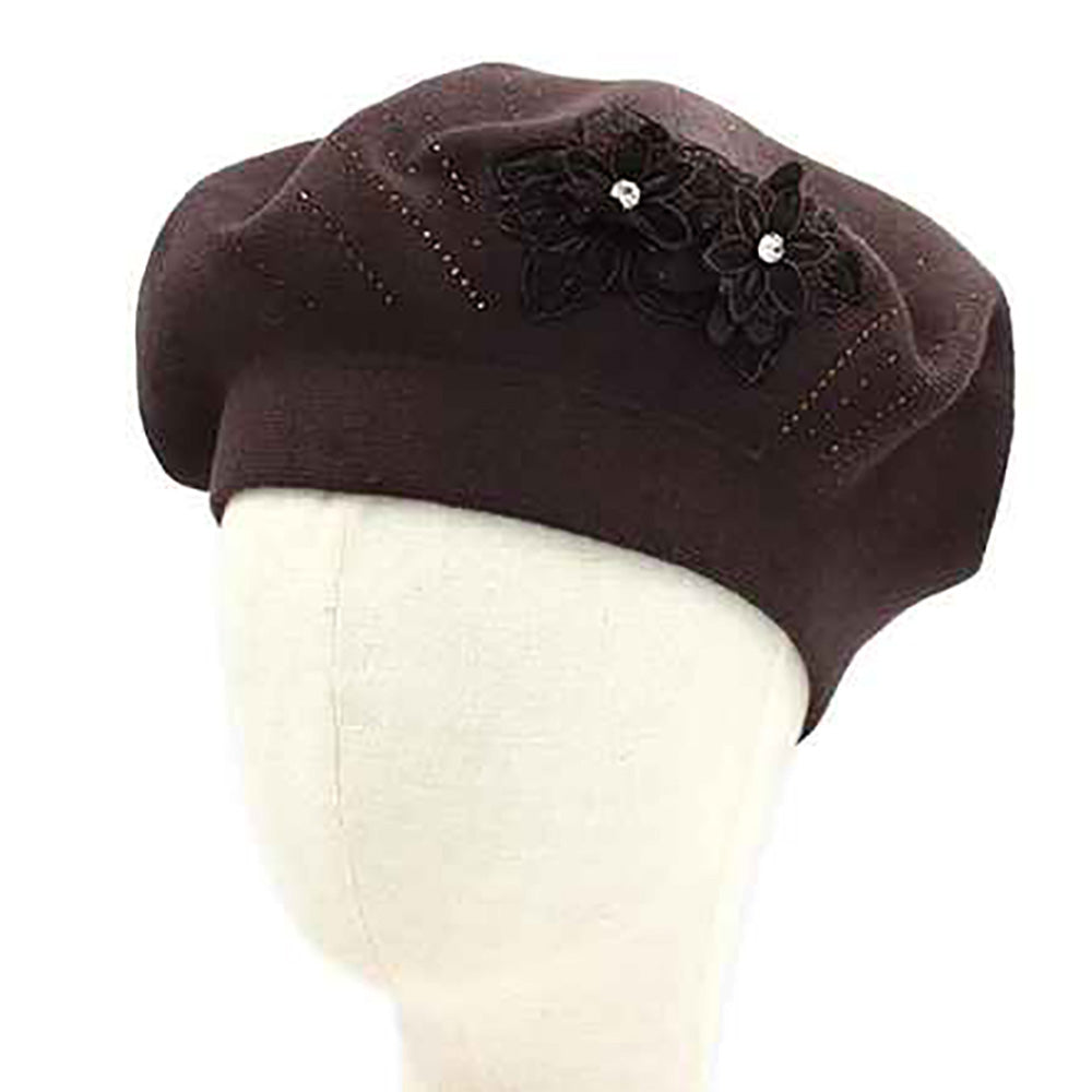 Floral Applique Accent Winter Beret Hat