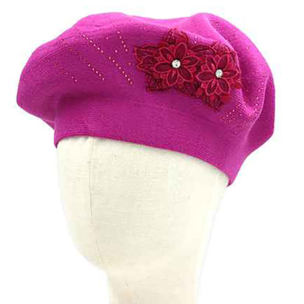 Floral Applique Accent Winter Beret Hat