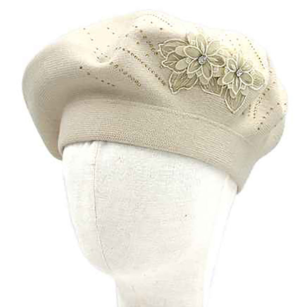 Floral Applique Accent Winter Beret Hat