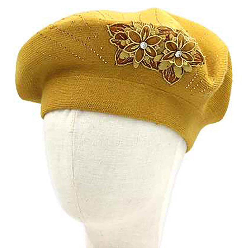 Floral Applique Accent Winter Beret Hat