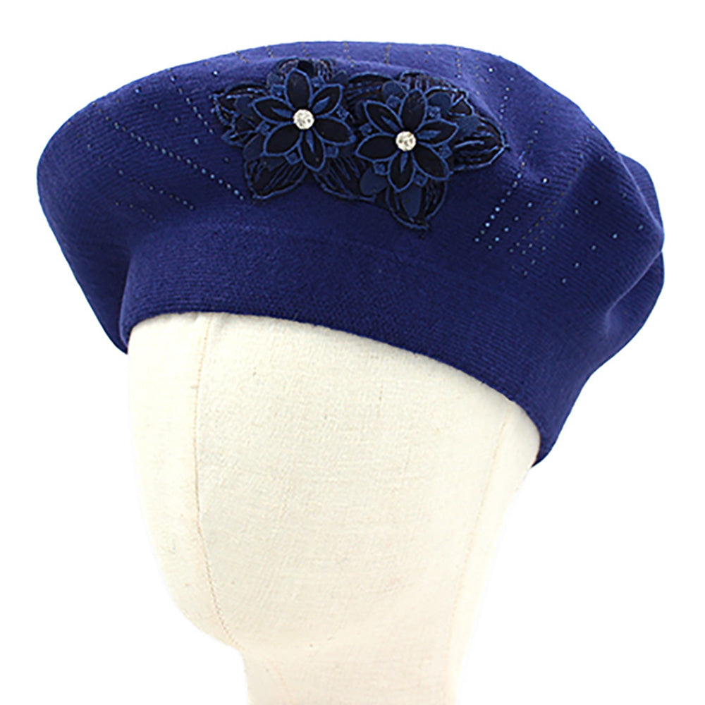 Floral Applique Accent Winter Beret Hat