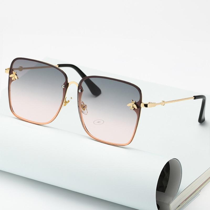 New Fashion Lady Oversize Rimless Square Bee Sunglasses For Women  With Small Bee Glasses Design Gradient Sunglasses With UV400
