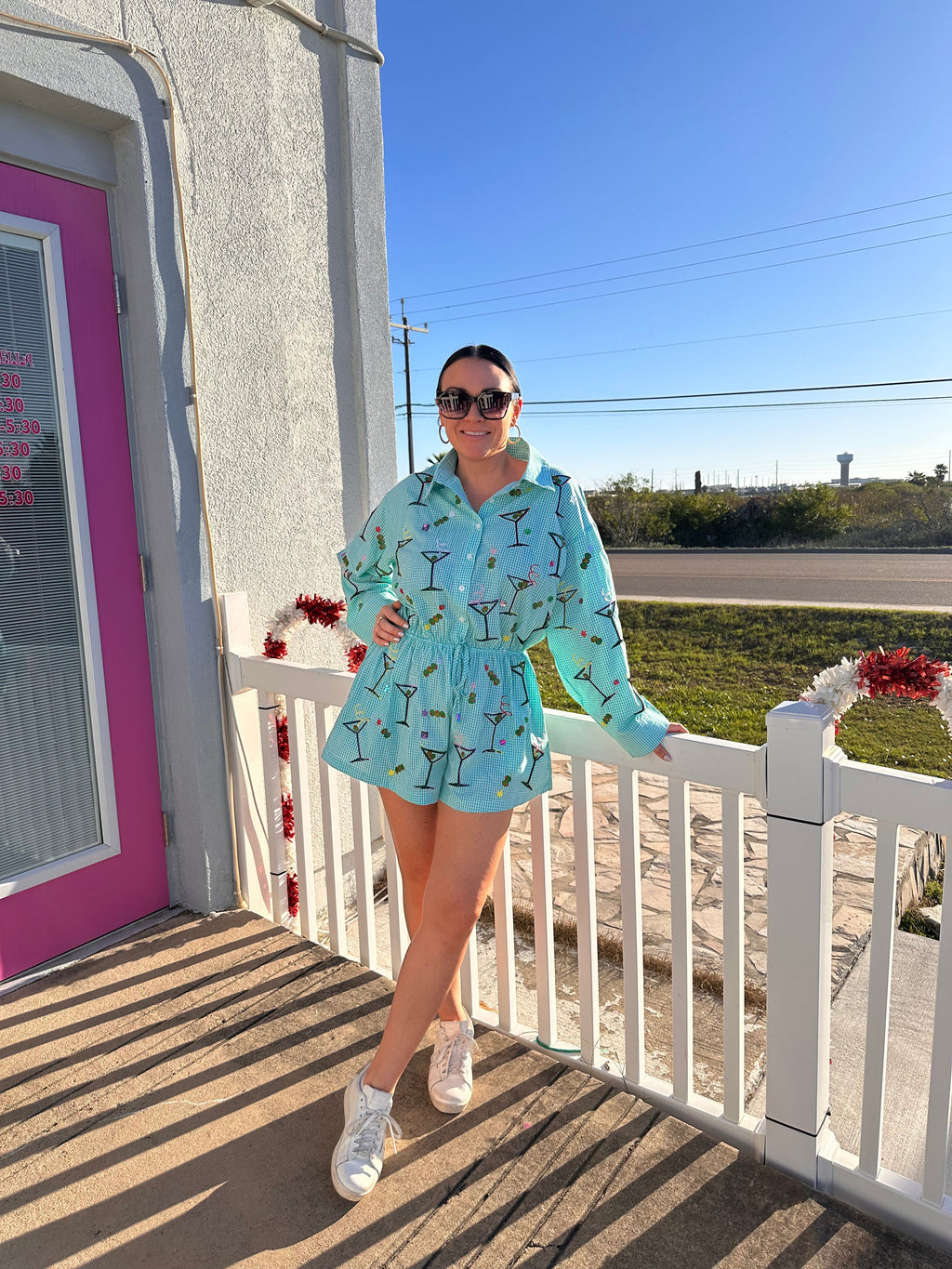 Queen of Sparkles Green & White Gingham Martini Button Up Tie Romper