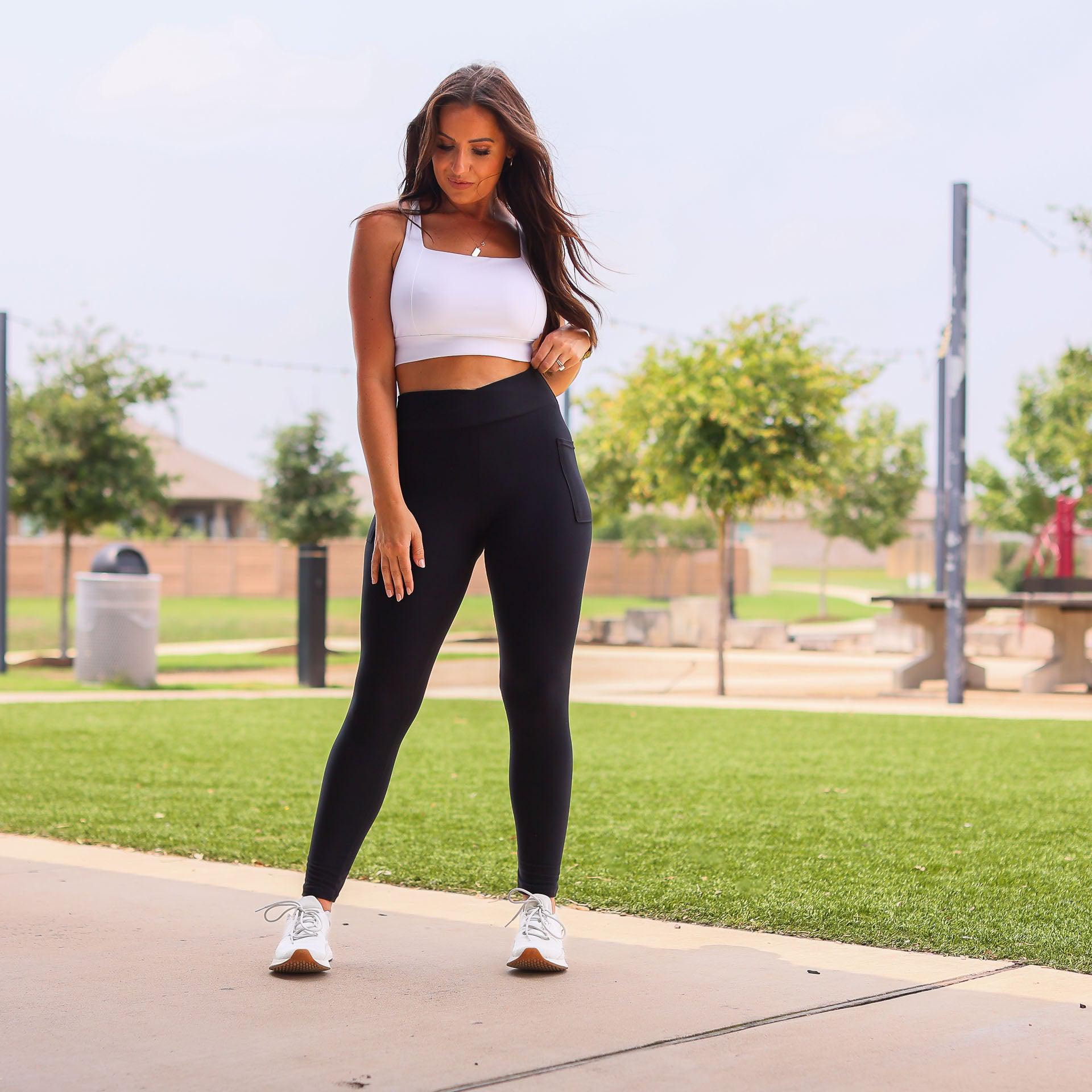 Stephanie - Crossover Black Pocket Full Length Leggings
