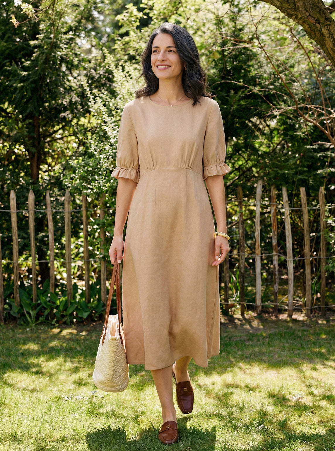 100% Linen Round Neck High Waist Ruffle Sleeve Maxi Dress ZEPHYRA