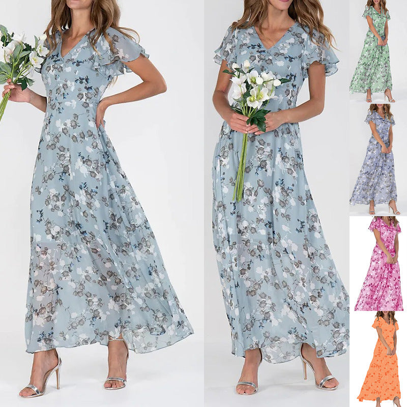 Beach Flared Maxi Dress Chiffon Floral Short Sleeve Ruffle V-Neck Fashion Waist-Defining Dress
