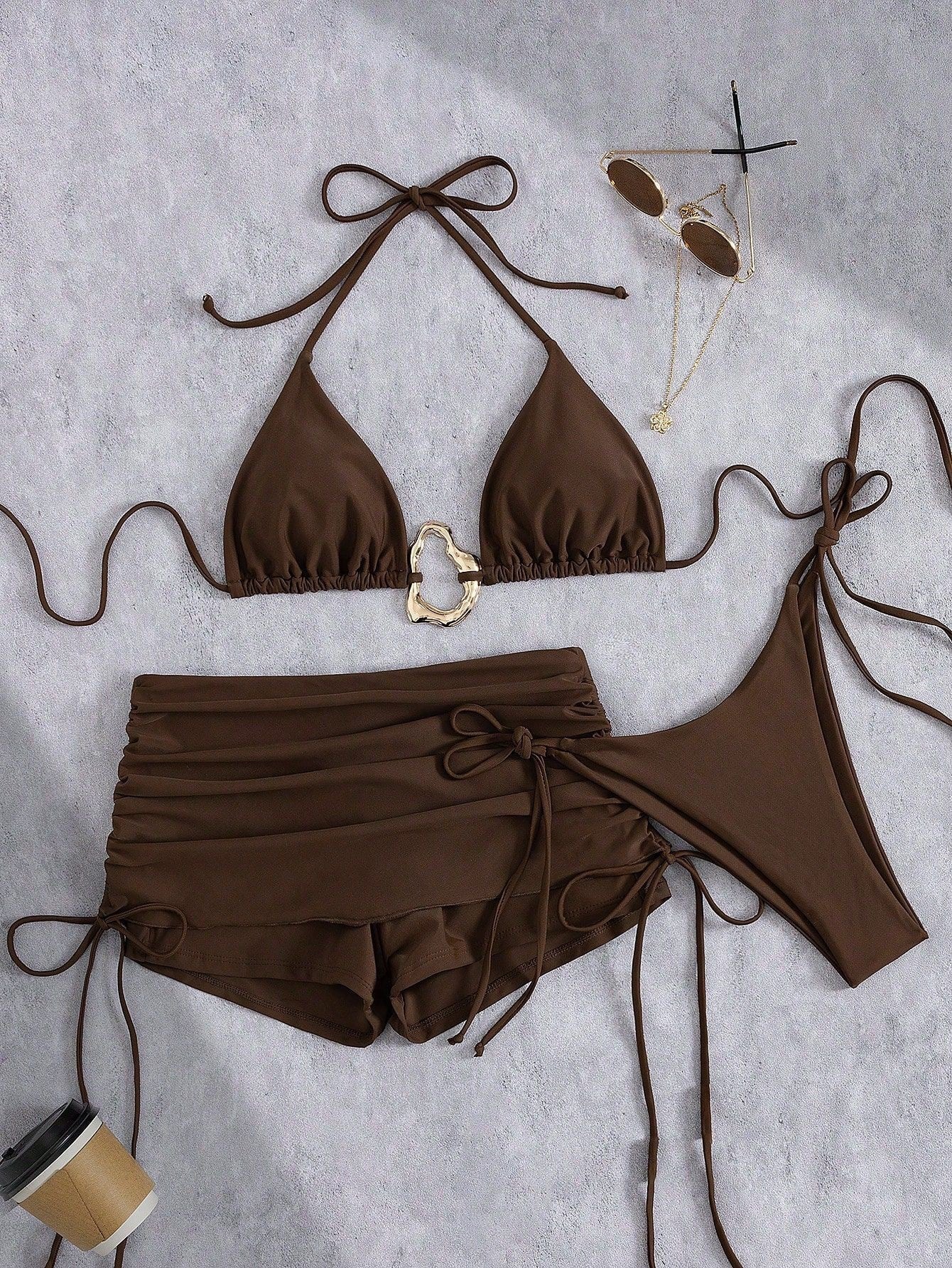 Skirt Three Piece Bikini Vintage Solid Color Strappy Swimsuit Women's Swimwear