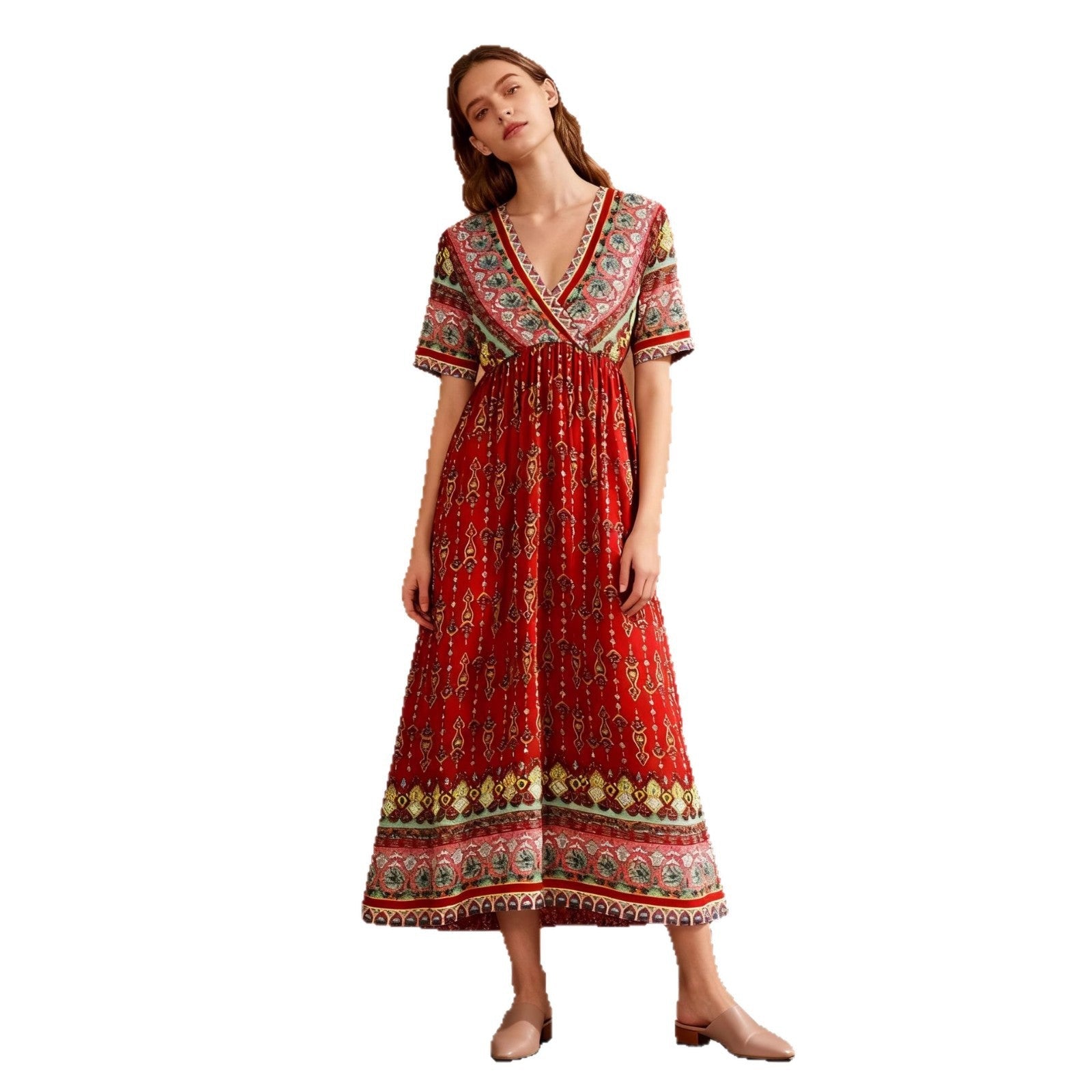 Women's Bohemian Printed Dress Short Sleeve Beach Vacation Maxi Dress Vintage