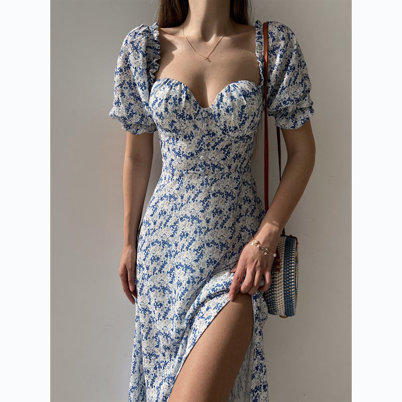 Sleeveless Floral Print Maxi Dress - Strapless Square Neck with High Slit & Waist Emphasis
