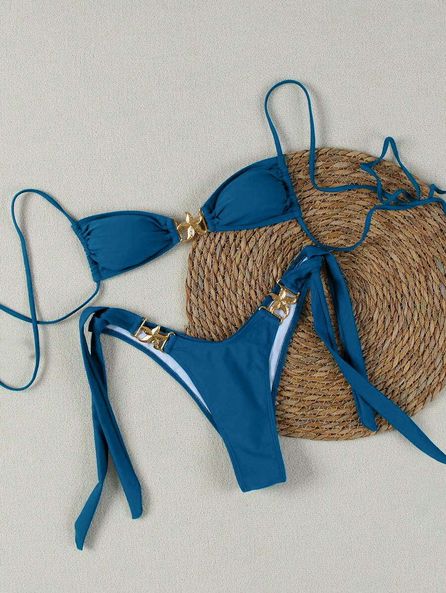Popular Solid Color Bikini Two-Piece Swimsuit with Tie Back Sexy Design and Accessories High-End