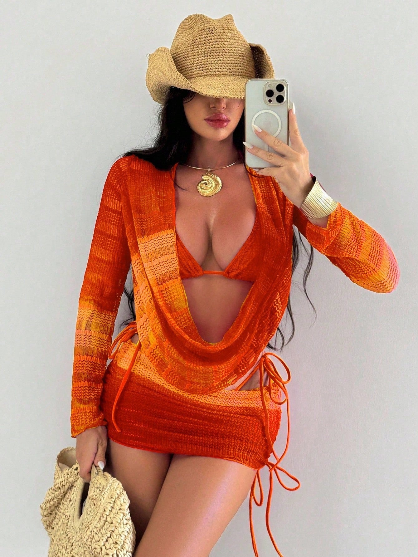 Damen-Badeanzug im Batik-Print mit Netzstoff, langärmeliges Strandkleid, sexy Bikini, vierteiliges Set
