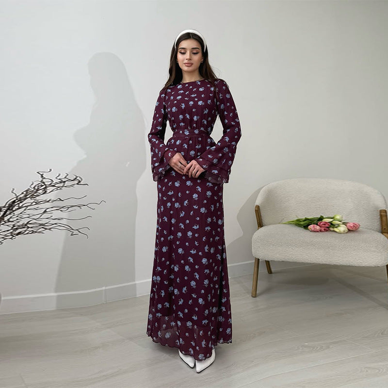 Women's Round Neck Floral Bodycon Slimming Elegant Maxi Dress