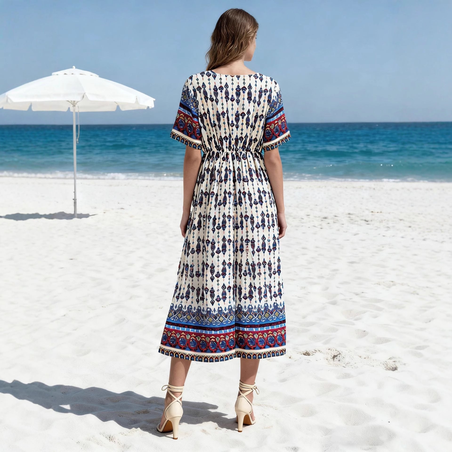 Women's Bohemian Printed Dress Short Sleeve Beach Vacation Maxi Dress Vintage