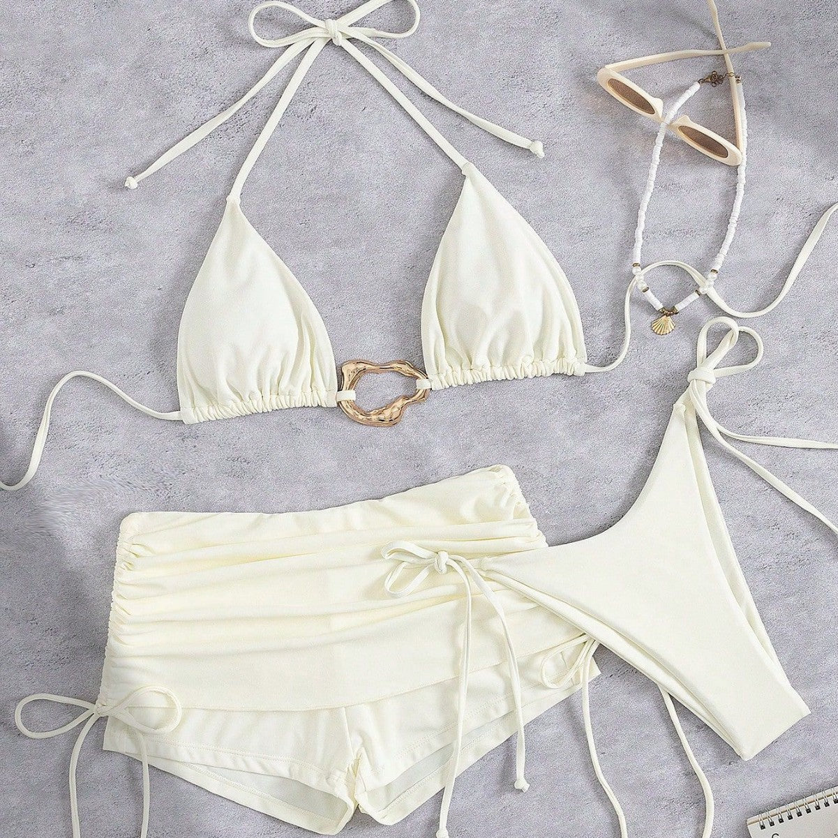Skirt Three Piece Bikini Vintage Solid Color Strappy Swimsuit Women's Swimwear