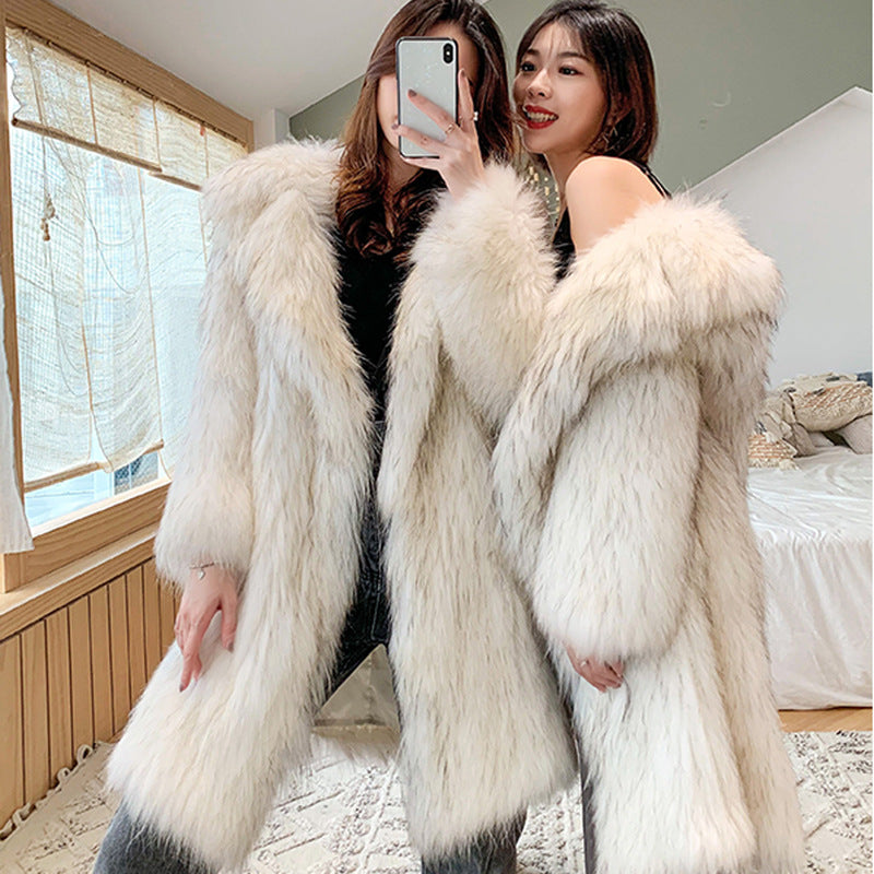 Women Long Fox Fur Trench Coat