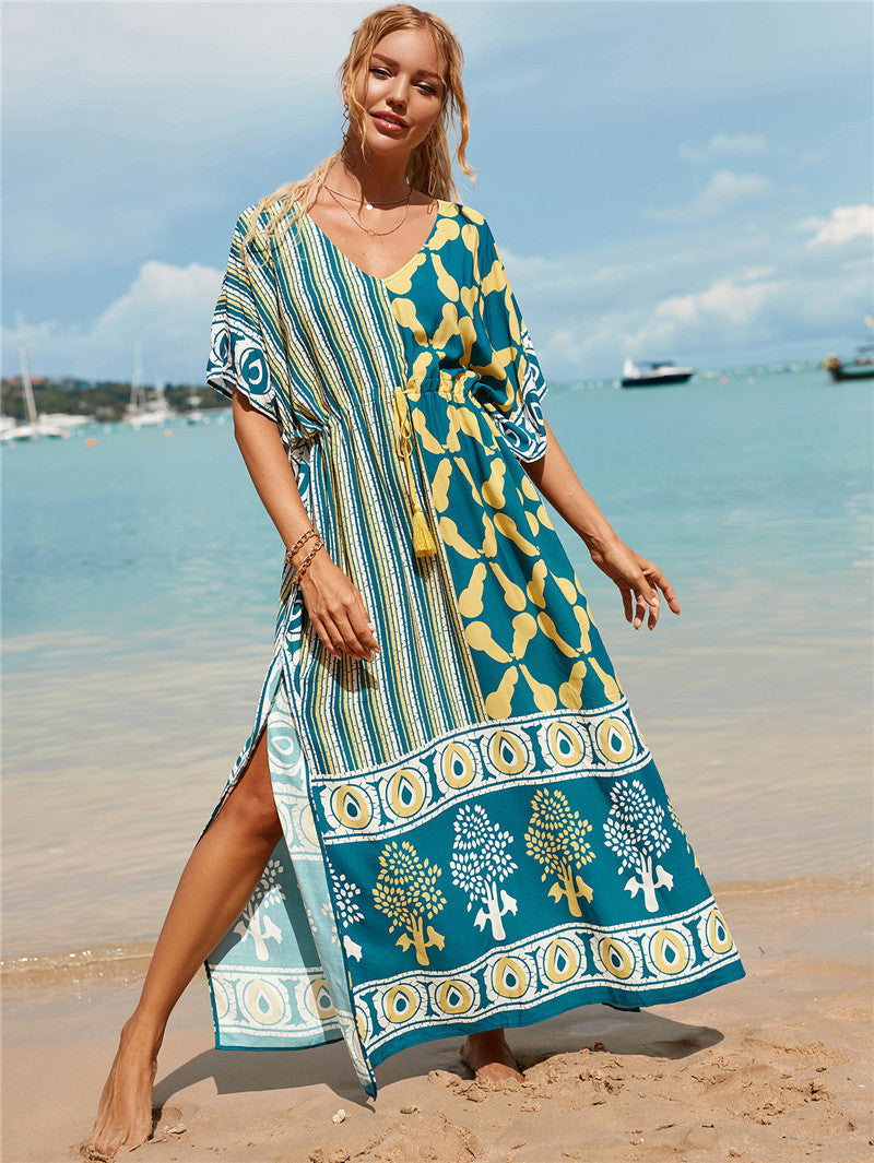 Printed Beach Cover-Up Maxi Dress ¨C Vacation Bikini Kimono, Sun Protection Long Dress