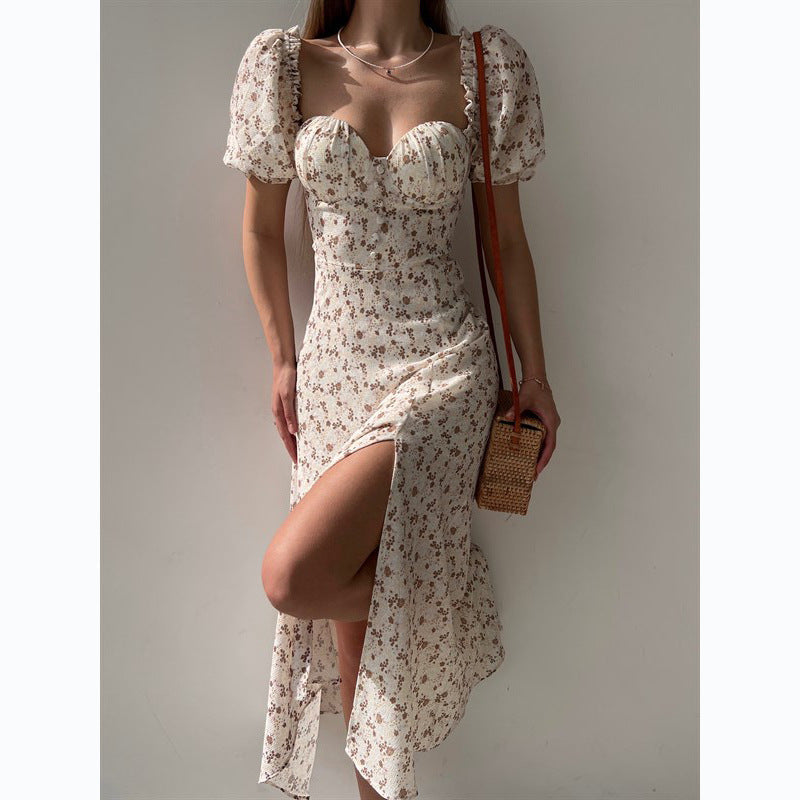 Sleeveless Floral Print Maxi Dress - Strapless Square Neck with High Slit & Waist Emphasis