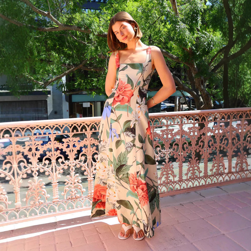 Summer French Retro Maxi Dress Printed Spaghetti Strap Slimming Dress