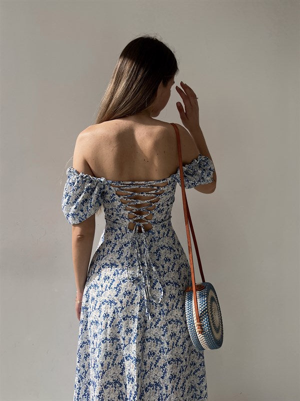 Sleeveless Floral Print Maxi Dress - Strapless Square Neck with High Slit & Waist Emphasis