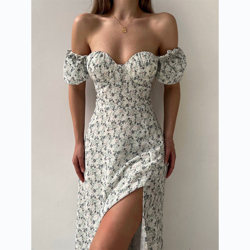 Sleeveless Floral Print Maxi Dress - Strapless Square Neck with High Slit & Waist Emphasis