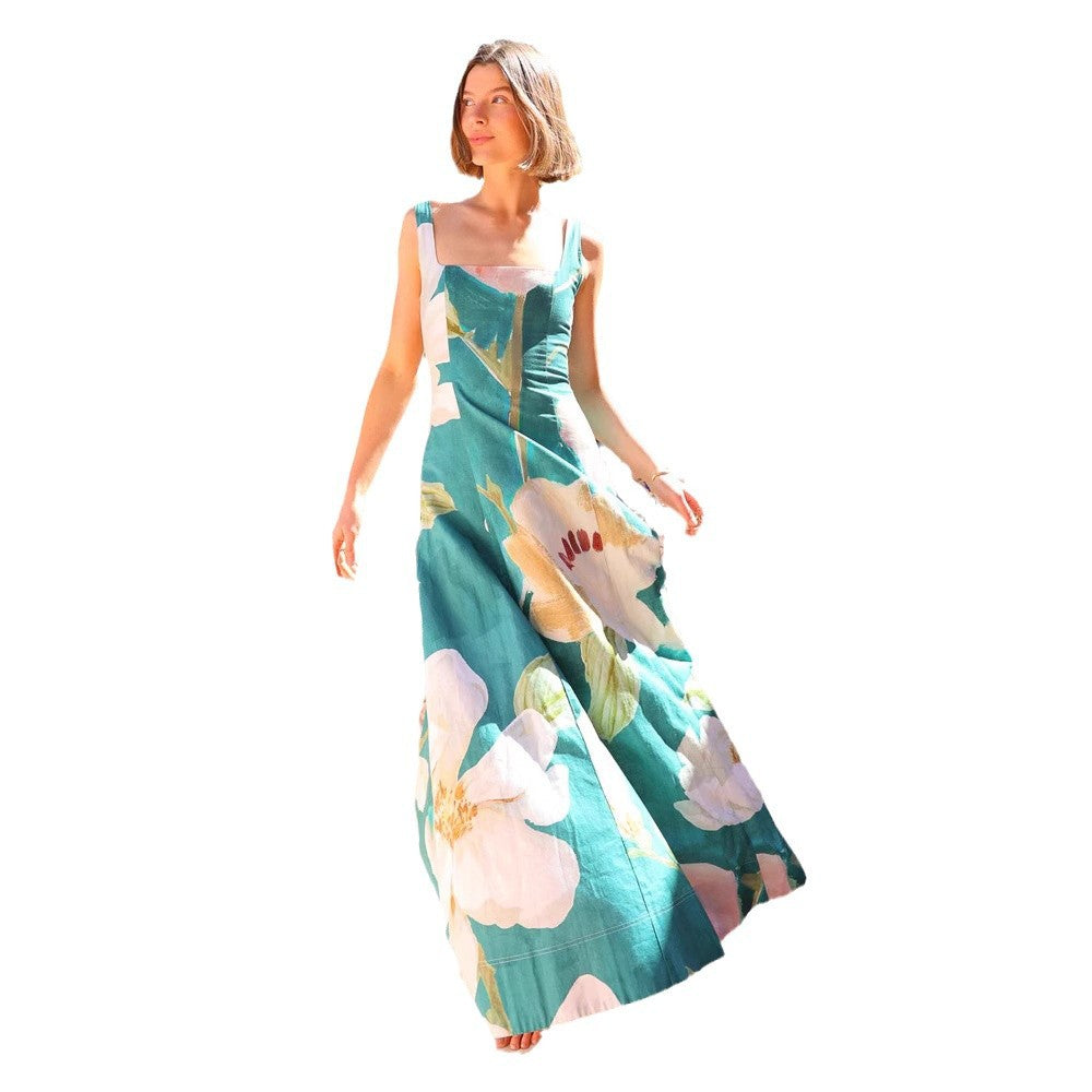 Summer French Retro Maxi Dress Printed Spaghetti Strap Slimming Dress