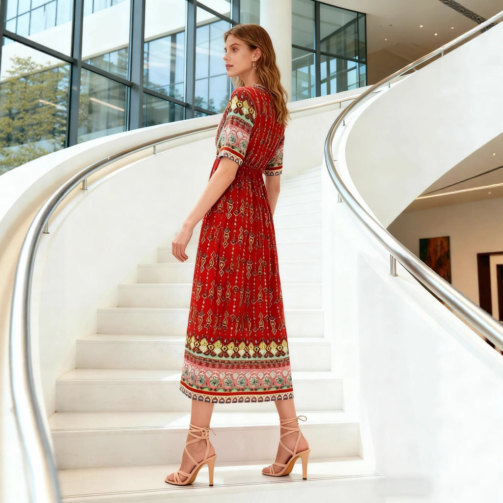 Women's Bohemian Printed Dress Short Sleeve Beach Vacation Maxi Dress Vintage