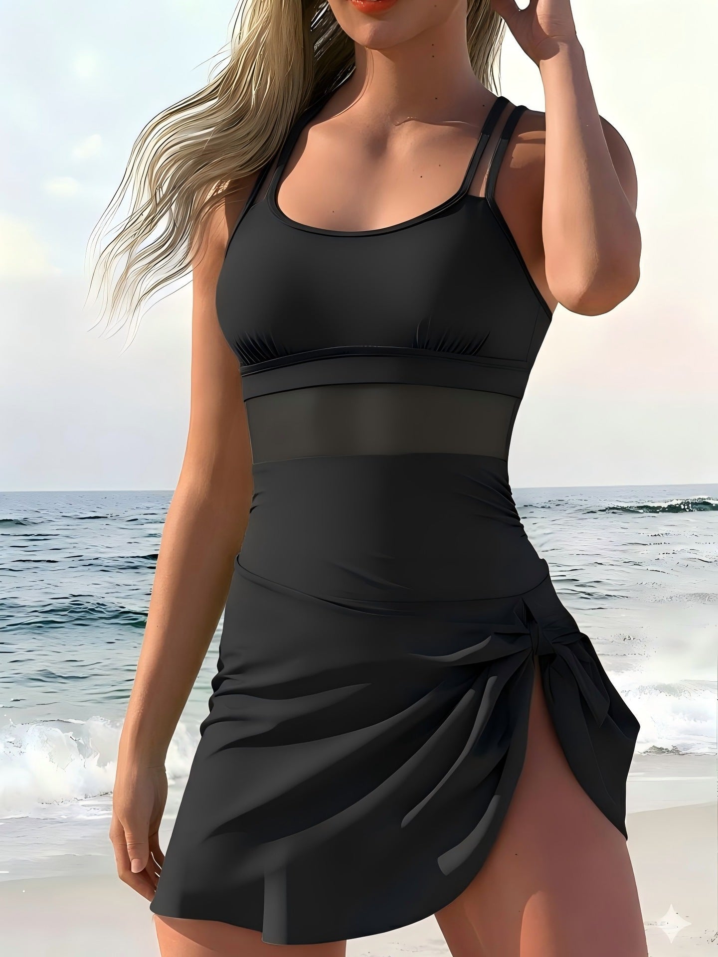 Woman wearing a black dress with ocean in the background