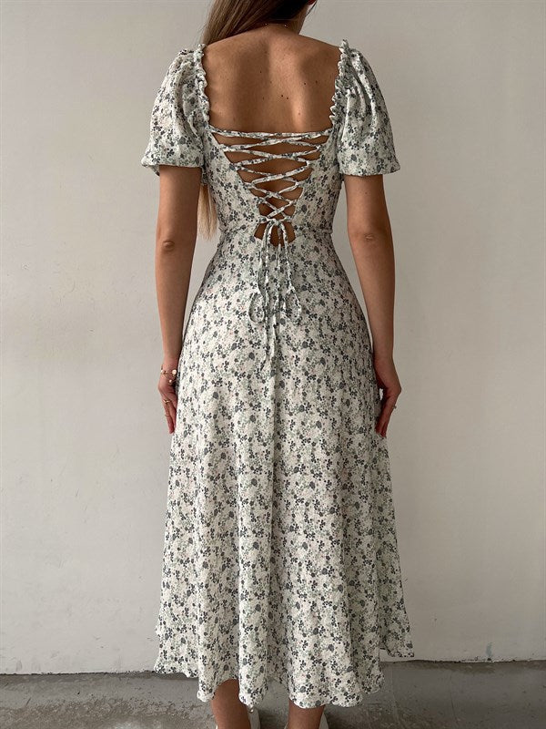 Sleeveless Floral Print Maxi Dress - Strapless Square Neck with High Slit & Waist Emphasis