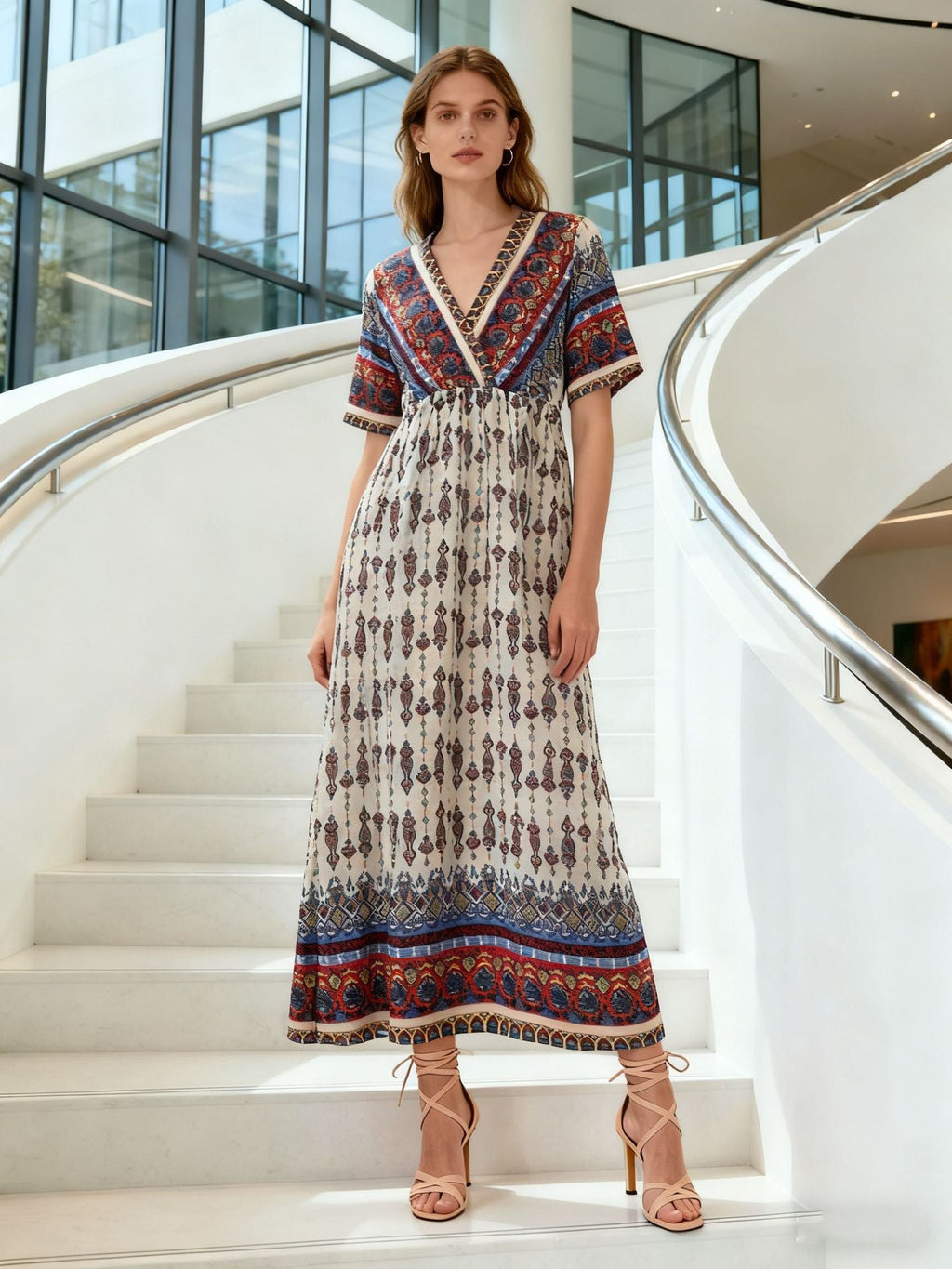 Women's Bohemian Printed Dress Short Sleeve Beach Vacation Maxi Dress Vintage