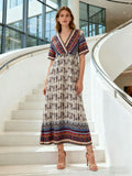 Women's Bohemian Printed Dress Short Sleeve Beach Vacation Maxi Dress Vintage