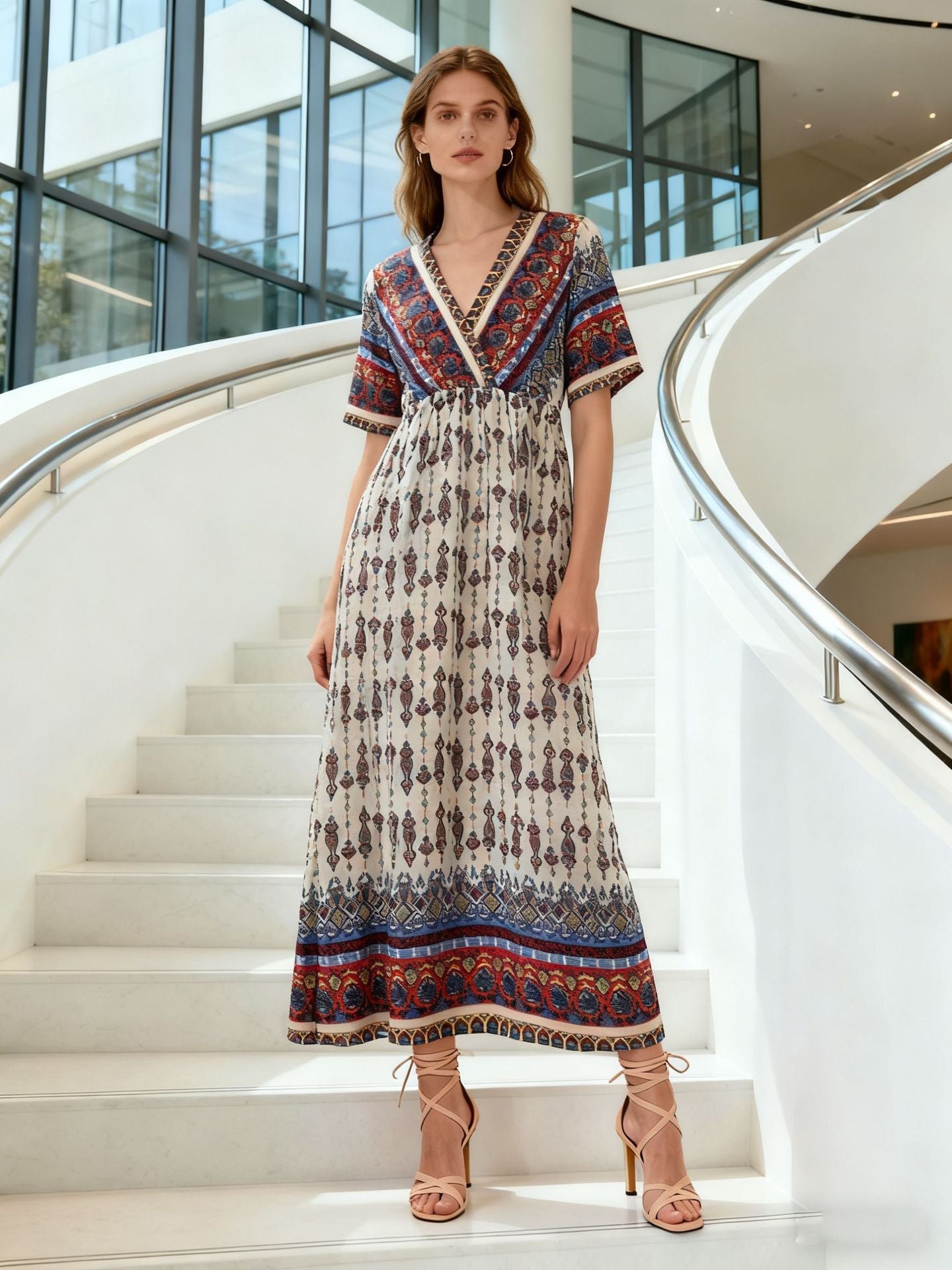 Women's Bohemian Printed Dress Short Sleeve Beach Vacation Maxi Dress Vintage