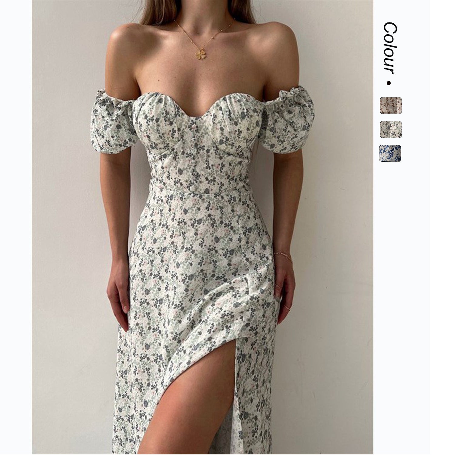 Sleeveless Floral Print Maxi Dress - Strapless Square Neck with High Slit & Waist Emphasis