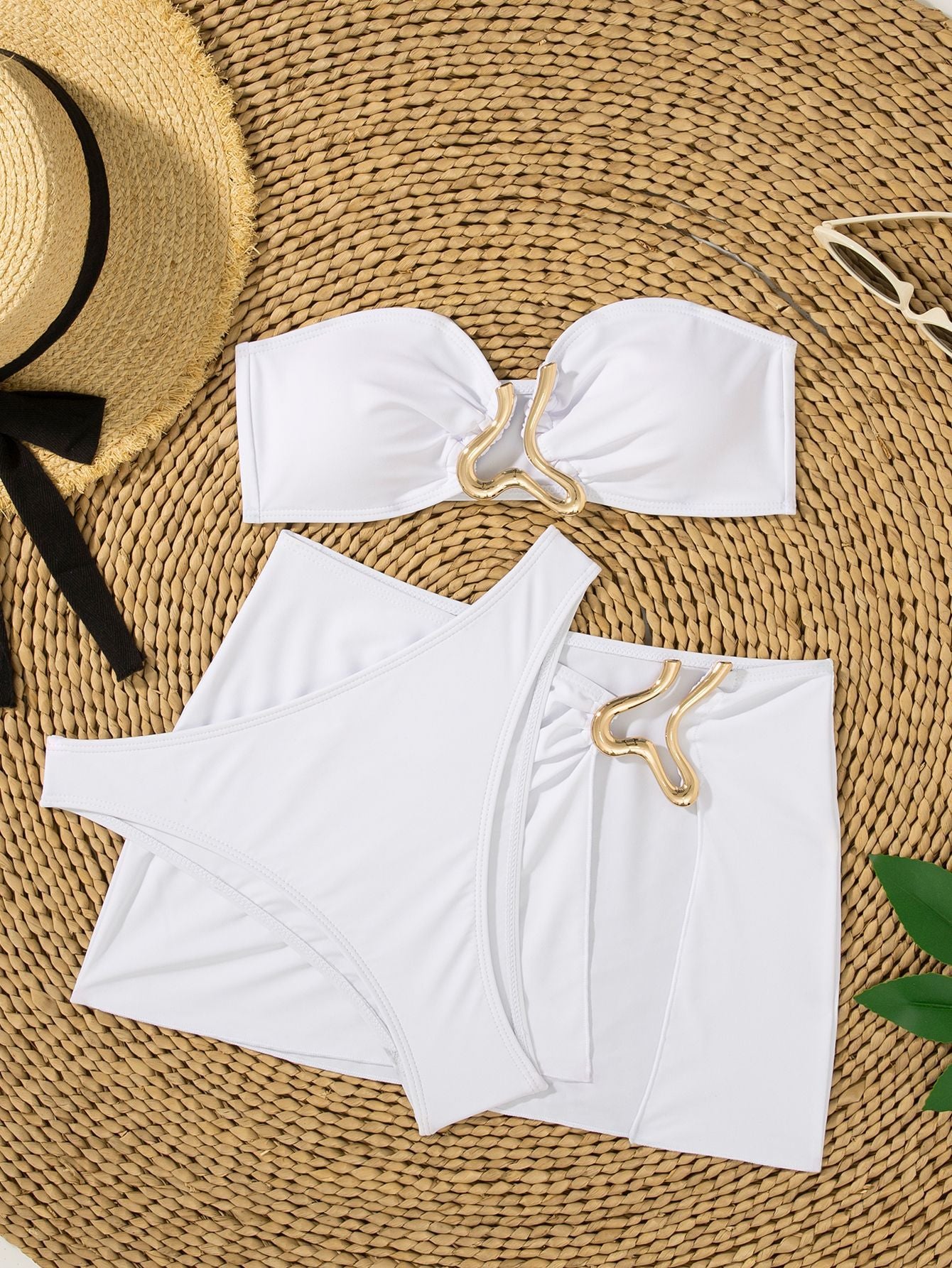 Badeanzug einfarbig dreiteiliger Badeanzug goldene Musiksymbol-Accessoires Bikini Bikini