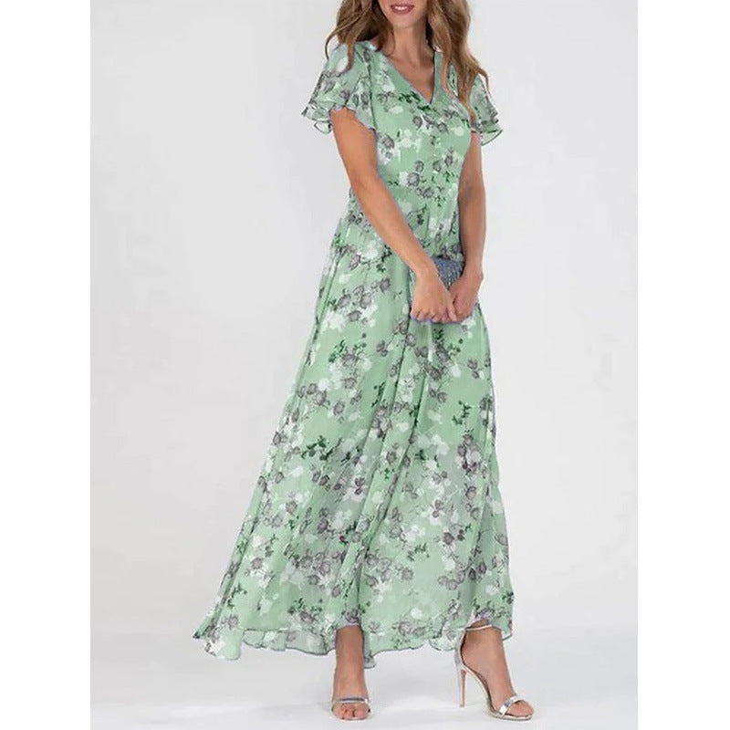 Beach Flared Maxi Dress Chiffon Floral Short Sleeve Ruffle V-Neck Fashion Waist-Defining Dress