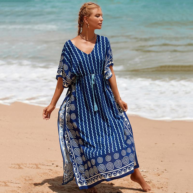 Printed Beach Cover-Up Maxi Dress ¨C Vacation Bikini Kimono, Sun Protection Long Dress