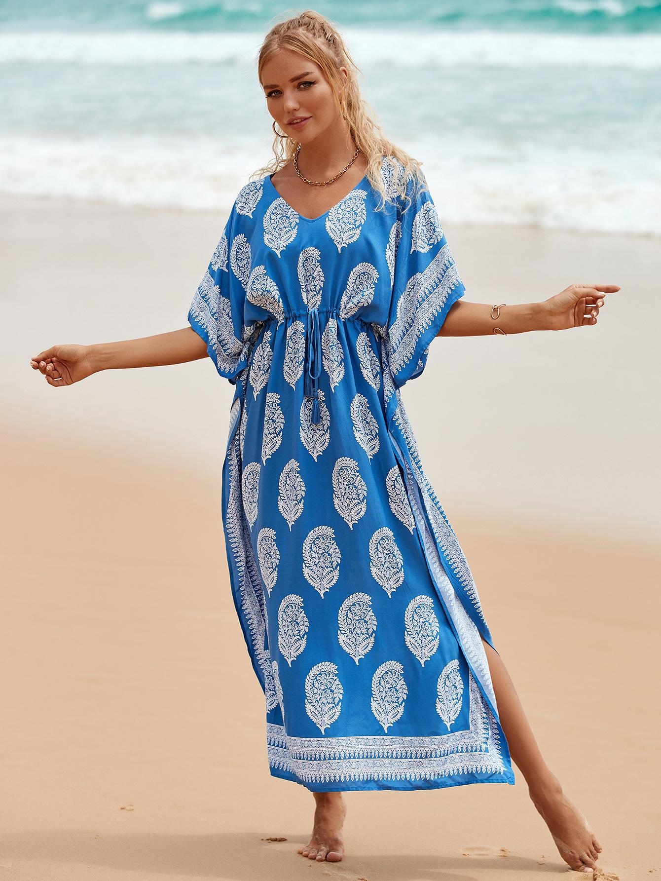 Printed Beach Cover-Up Maxi Dress ¨C Vacation Bikini Kimono, Sun Protection Long Dress