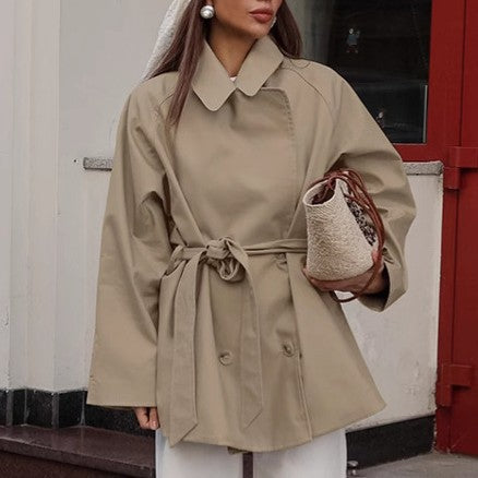 Trench Coat Women Mid Length Khaki Jacket Lace up Autumn Long Sleeve Coat
