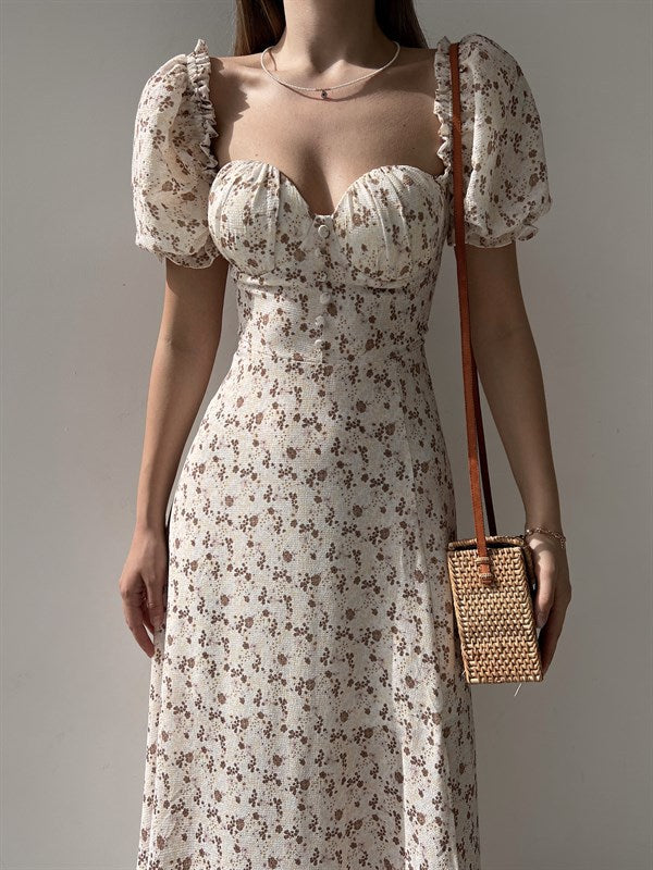 Sleeveless Floral Print Maxi Dress - Strapless Square Neck with High Slit & Waist Emphasis