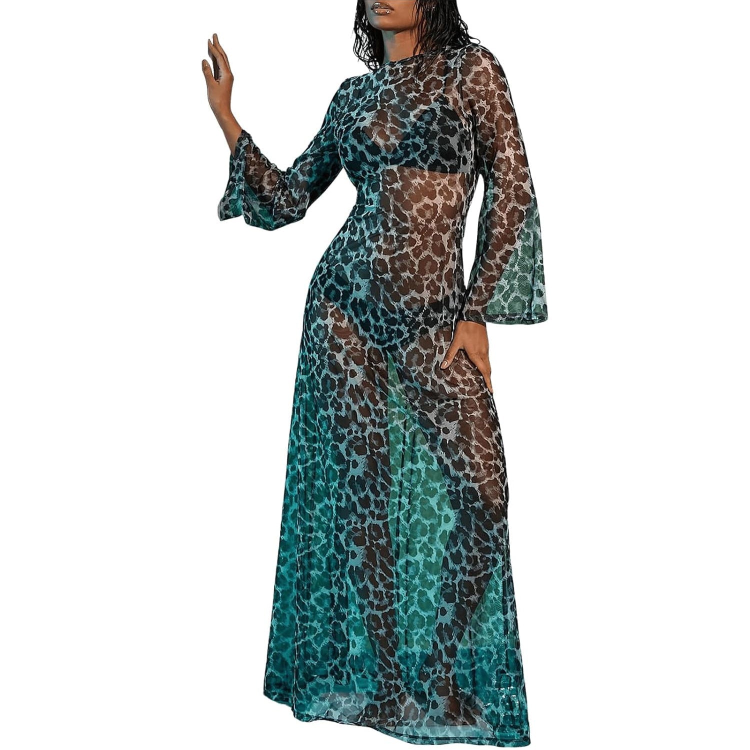 Women's Mesh Printed Cover-Up Casual Vacation Beach Maxi Dress