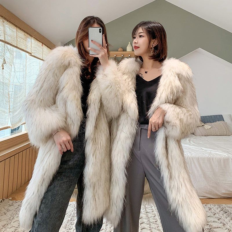 Women Long Fox Fur Trench Coat