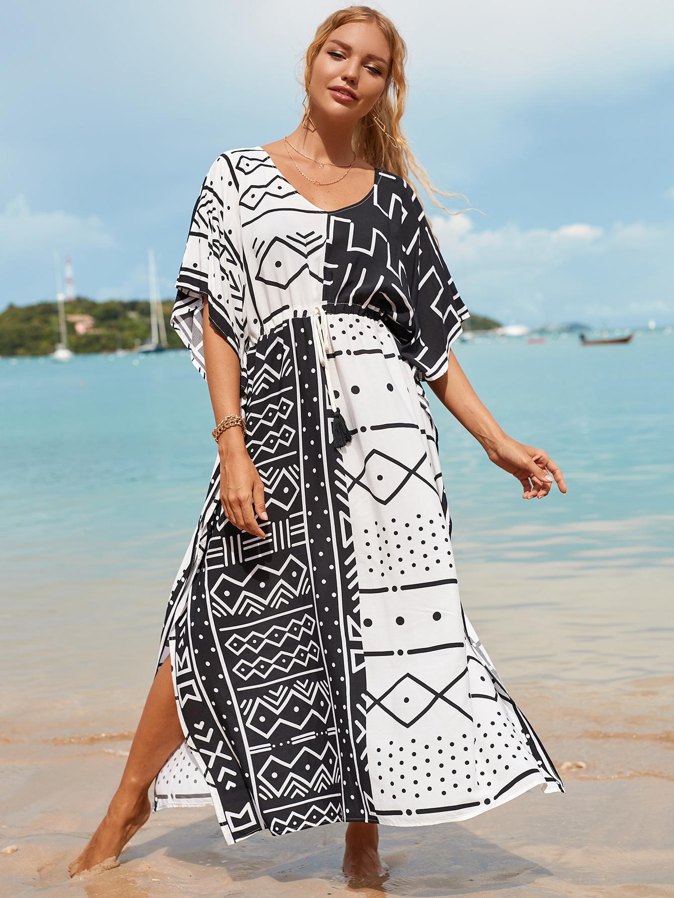 Printed Beach Cover-Up Maxi Dress ¨C Vacation Bikini Kimono, Sun Protection Long Dress