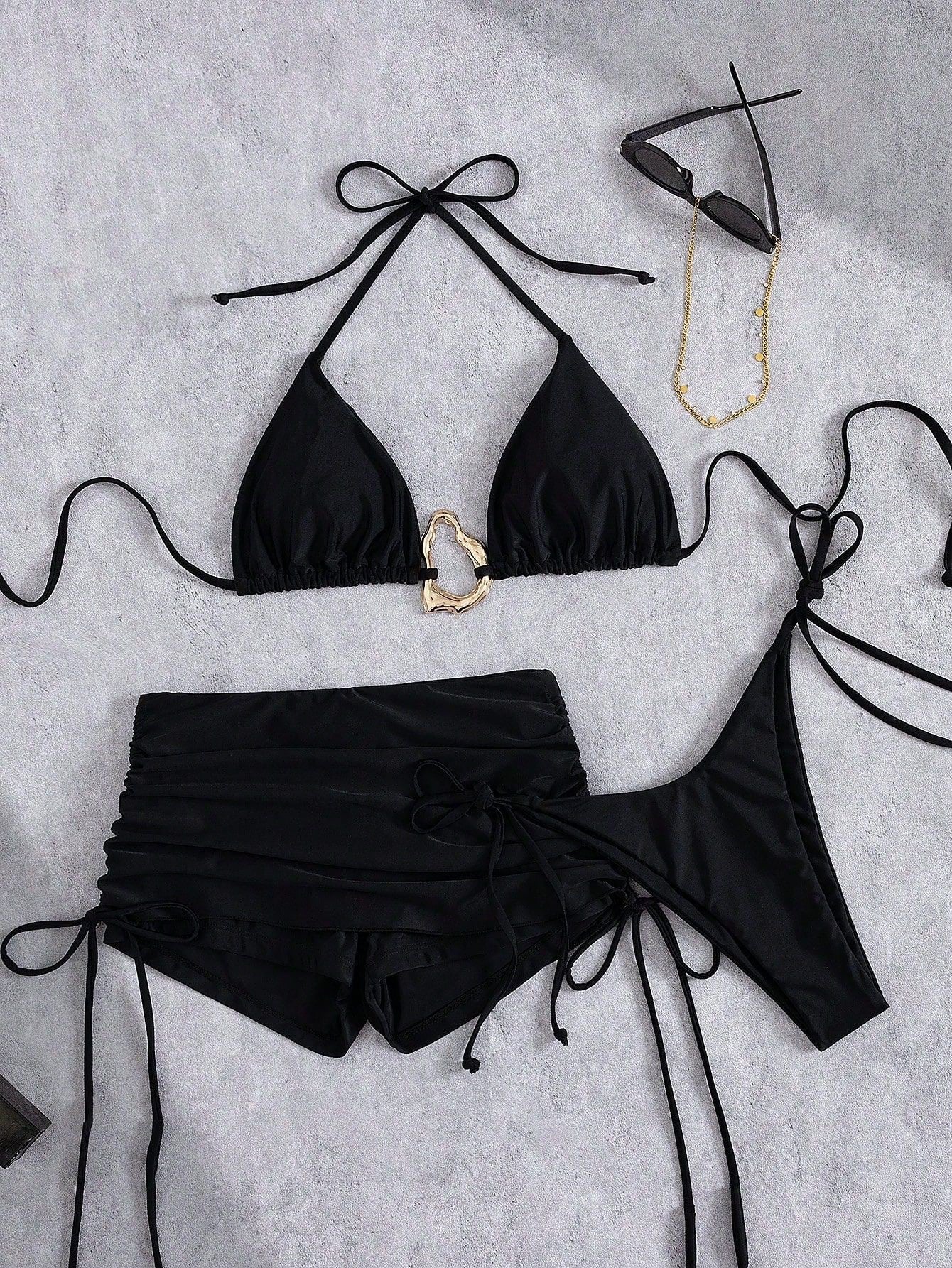 Skirt Three Piece Bikini Vintage Solid Color Strappy Swimsuit Women's Swimwear