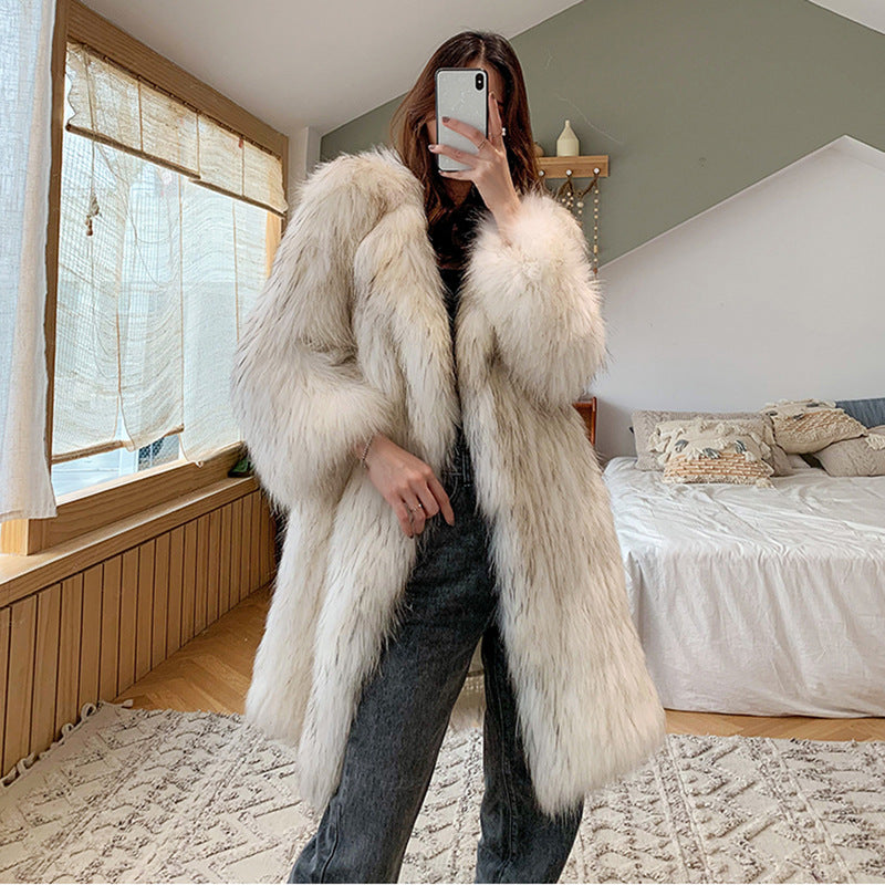Women Long Fox Fur Trench Coat