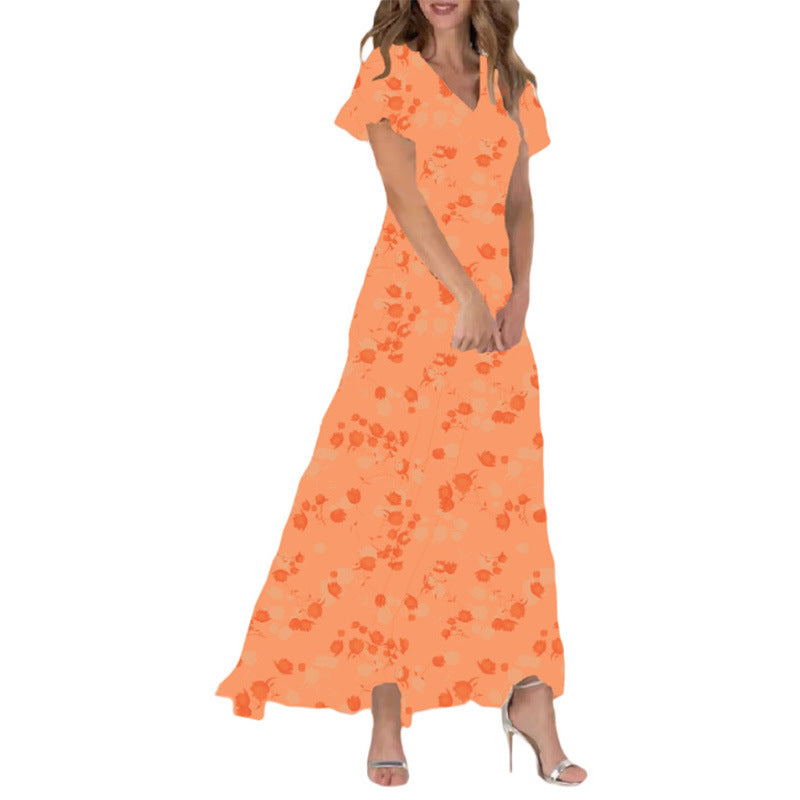 Beach Flared Maxi Dress Chiffon Floral Short Sleeve Ruffle V-Neck Fashion Waist-Defining Dress