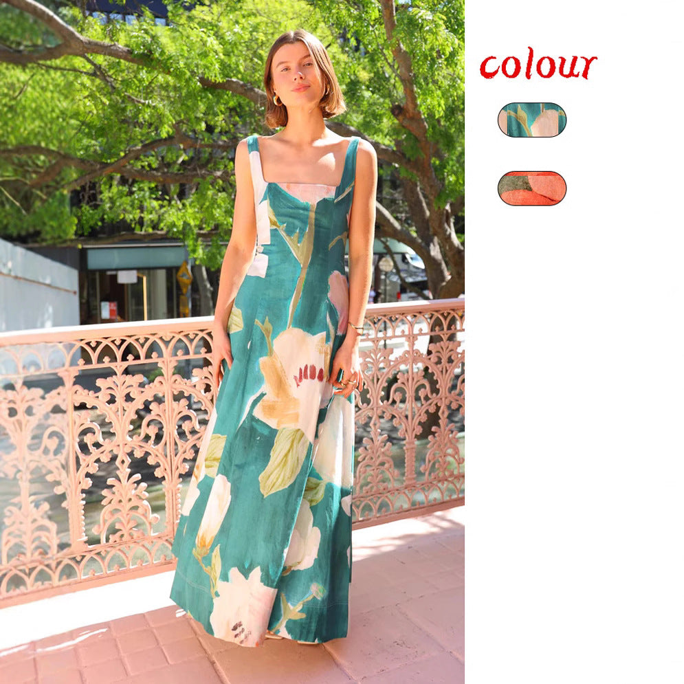 Summer French Retro Maxi Dress Printed Spaghetti Strap Slimming Dress