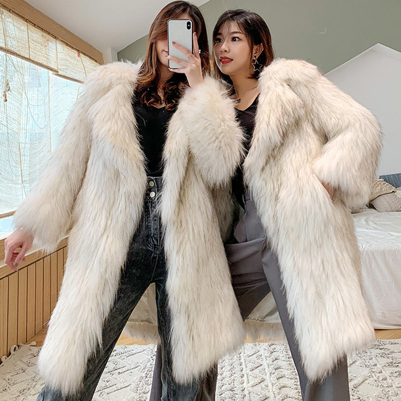 Women Long Fox Fur Trench Coat