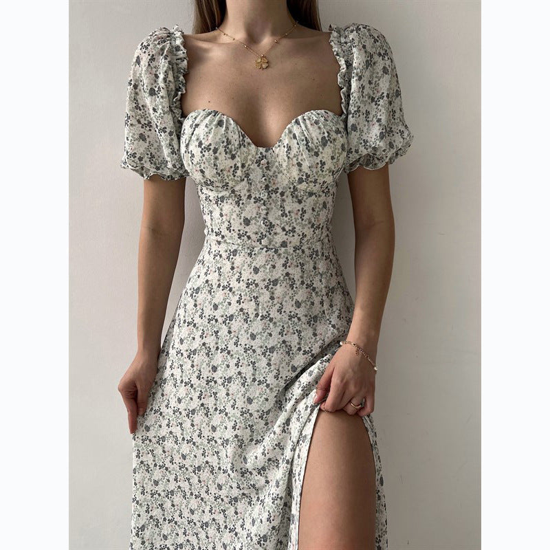 Sleeveless Floral Print Maxi Dress - Strapless Square Neck with High Slit & Waist Emphasis