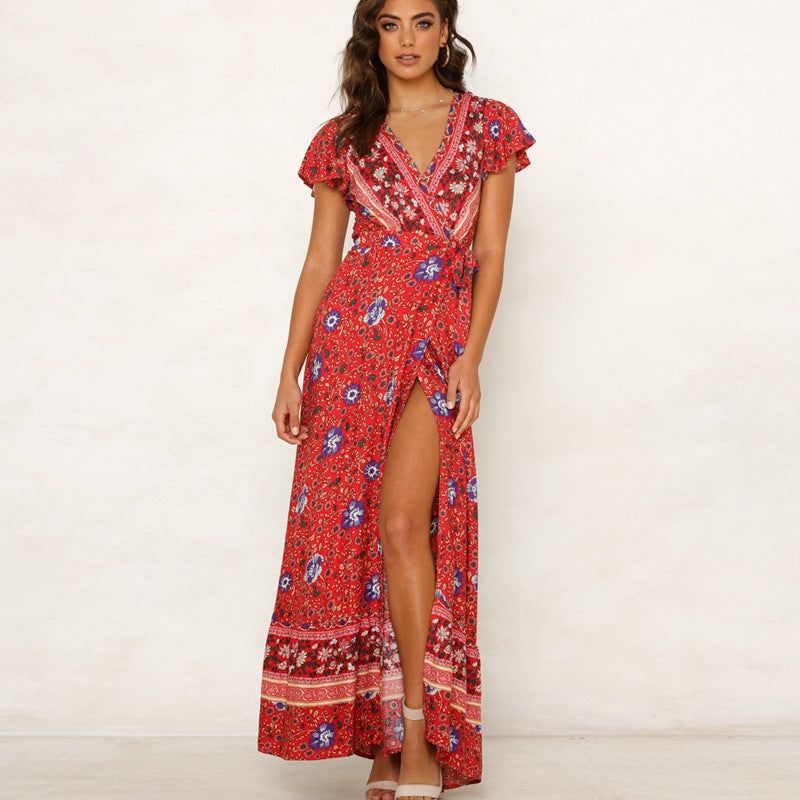 Women's Viscose Bohemian Printed Dress Vacation Beach Maxi Dress Casual
