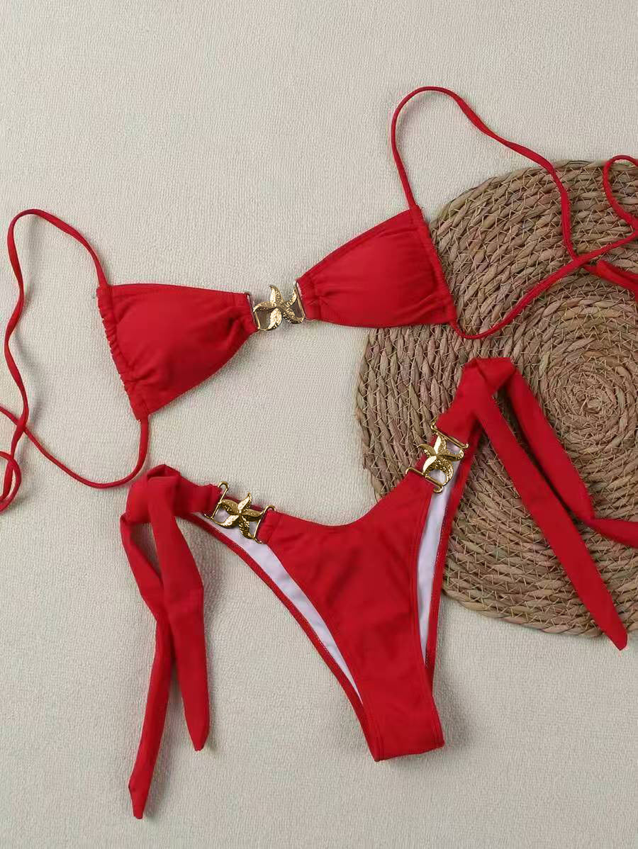 Popular Solid Color Bikini Two-Piece Swimsuit with Tie Back Sexy Design and Accessories High-End