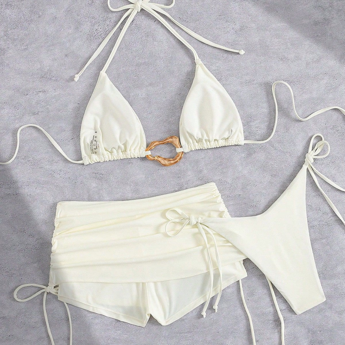 Skirt Three Piece Bikini Vintage Solid Color Strappy Swimsuit Women's Swimwear